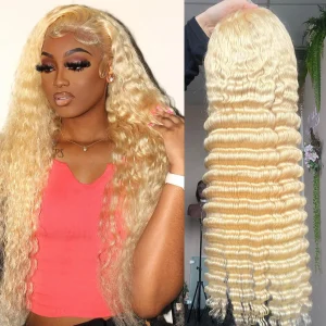 Lace Front Human Hair Deep Wave Honey Blonde Curly Wave Wigs