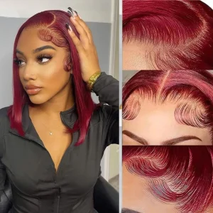 Burgundy Bob Wig Human Hair Lace Straight Short Red Wig Colored