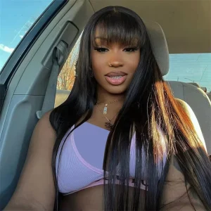 Straight Human Hair With Bang Natural Color Lace Front Wigs