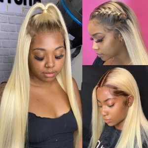 Lace Frontal Brazilian Straight Human Hair 2 Tone Dark Root Blonde Lace Front Wigs